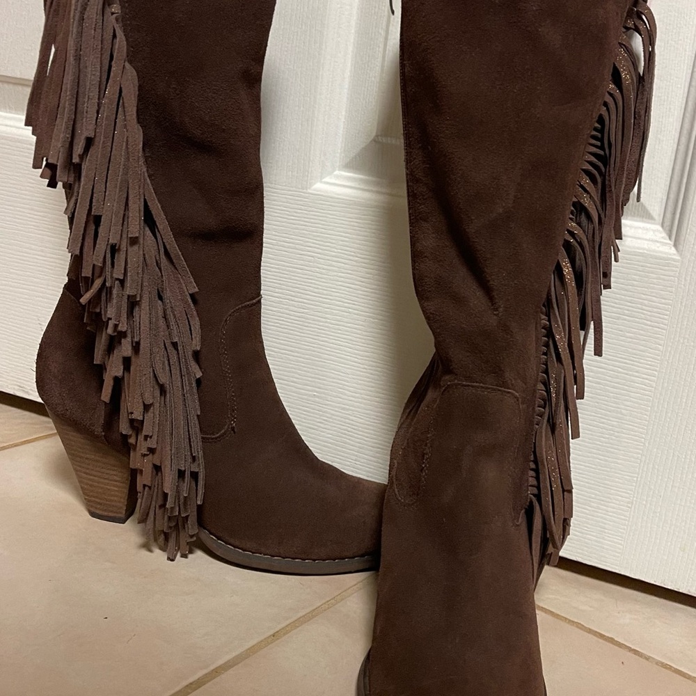 Reba Brown Leather Fringe Boots (All Leather Upper)Fringe on the side. - Picture 2 of 16